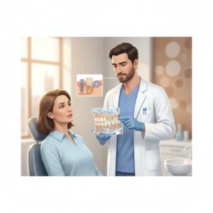 Dentist explaining bone graft procedure to patient in clinic