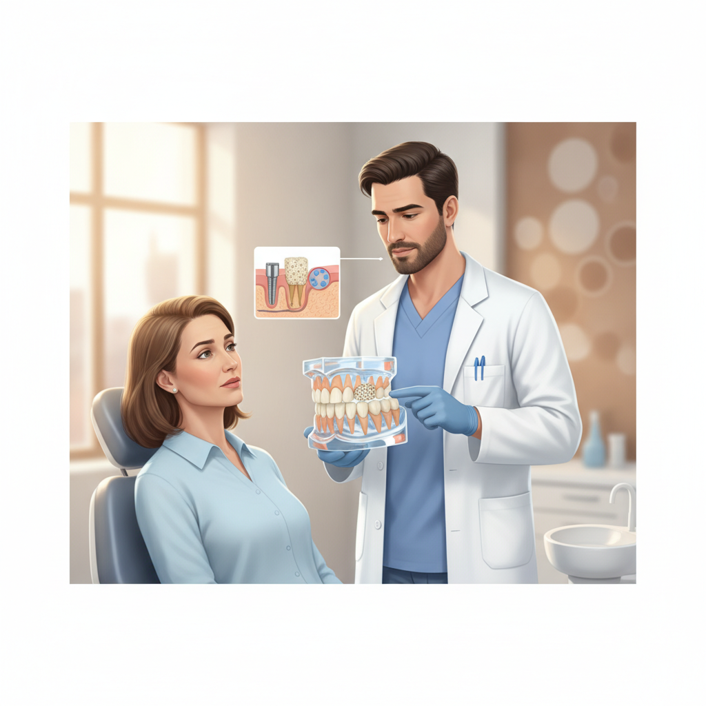 Dentist explaining bone graft procedure to patient in clinic