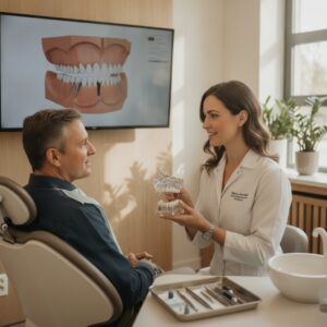 Patient consultation about implant dentures in a modern dental office