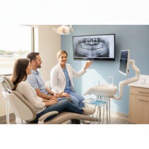 Dentist consultation in a modern, well-lit dental office