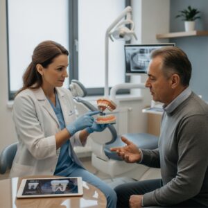 Dentist consulting with a patient about dental implants in a modern office