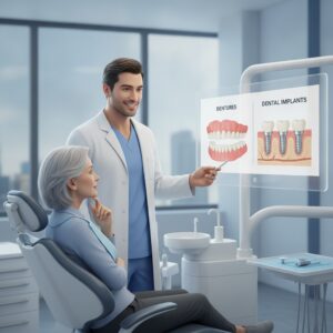 Dentist consulting patient in modern office about dentures versus implants