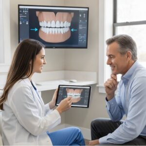 Dentist discussing implant-supported dentures with patient in a modern office
