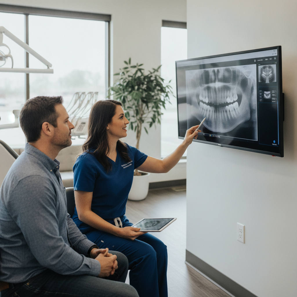 Dentist consulting patient in a modern dental office with advanced technology